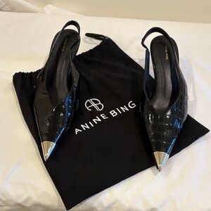 Anine Bing Black Croc-Patterned Heels with Silver Tips